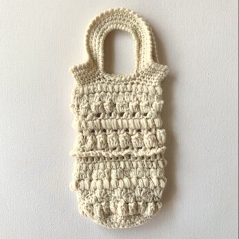 ウール100% かぎ針編みのボトルバッグ　毛糸　トートバッグ　ミニトート　モチーフ編み　編み物　縦長の画像