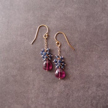 【K14gf】Rhodolite Garnet × Blue Sapphire Earrings／ガーネット×サファイア ピアスの画像