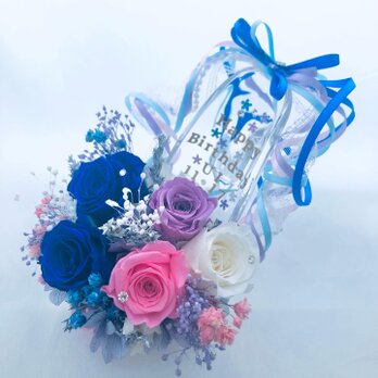【プリザーブドフラワー／ガラスの靴ミニシリーズ】青い薔薇とミニ薔薇5輪の魔法の靴の画像