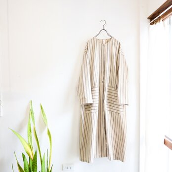organic cotton pleats pocket dress (beige stripe)の画像