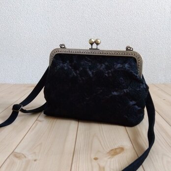 刺繍　がま口ミニショルダーバッグ　20.5cm口金　1点物　黒　　508の画像