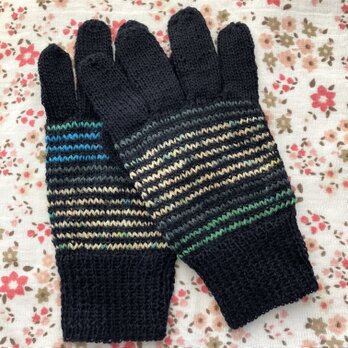 5本指ウール手袋ーーー濃紺ウール＆Opal毛糸(ブルー＆レモンイエロー）の画像