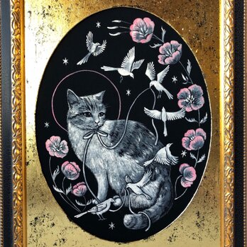 「またね」F6サイズ 額付 アート作品 アクリル画 原画 猫 徳島洋子作品 ★ 星月猫の画像