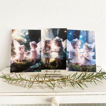 可愛い森の中の幼い妖精たちの イラスト アート３枚 ハガキ ポストカード セット ♪の画像