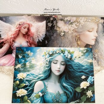 美しい自然と女性天使の イラスト アート３枚 ハガキ ポストカード セット ♪の画像
