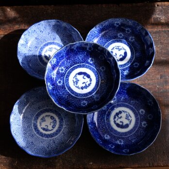 【アウトレット品】青で素敵◆伊万里　花文印判膾皿5客　微塵子　骨董・antiques 丁寧な暮らしに。明治時代　#1の画像