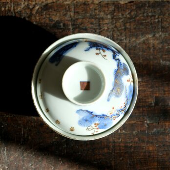 【少しアウトレット品】青い松と漢字◆伊万里　錦手金彩蓋付碗　骨董　古美術　antiques　明治時代の画像