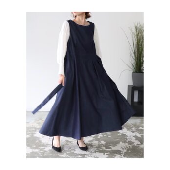 岡山県児島デニムで魅せる、ボリュームいっぱいデニムジャンパースカート／インディゴ／linum jeanの画像