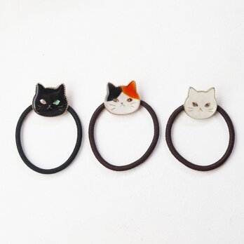 【受注生産】ウルウルおめめの猫ヘアゴム　なかよしパック　螺鈿風・黒猫・三毛猫・白猫の画像