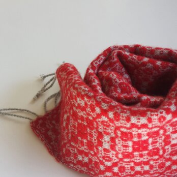 手織りカシミアマフラー・・赤×グレーの画像