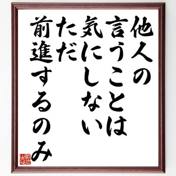 名言「他人の言うことは気にしない、ただ前進するのみ」額付き書道色紙／受注後直筆／Z7483の画像