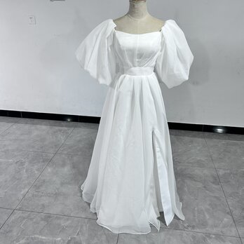 上品！ ウェディングドレス 姫袖 フロントスリット オーガンジー ビスチェドレス ふっくら柔らかなバックリボの画像