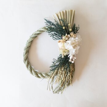 お正月しめ縄　稲穂付き　白緑　丸型　しめ縄飾り　お正月飾り　しめなわ　お正月飾り　