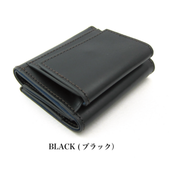 【名入れ】ミニウォレット コンパクトウォレット 三つ折り財布 コインケース シンプル 本革 イタリア製 バケッタレザー ブラックの画像
