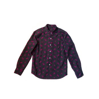 ブラック(黒)、ショッキングピンク矢絣、手織りウール、着物リメイクシャツ MZ originalの画像