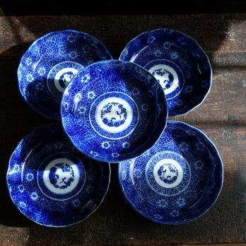 【アウトレット品】青で素敵◆伊万里　花文印判膾皿5客　微塵子　骨董・antiques 丁寧な暮らしに。明治時代　#3の画像