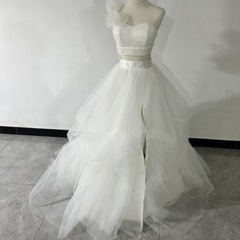ウエディングドレス ワンショルダー アイボリー セパレート トップス+スカート ２点セット イブニングドレスの画像