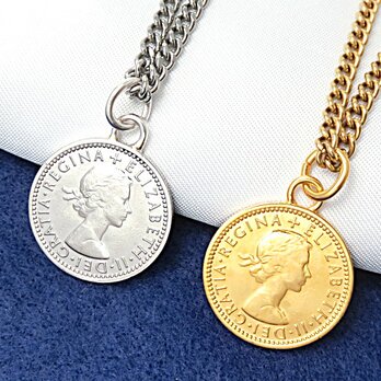 英国硬貨：伝統のコイン‼　純金仕上6ペンスコイン＆白銅製6ペンスコインペンダントの2本セット特別価格の画像