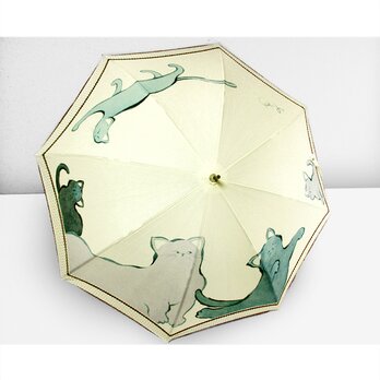 日傘（にゃんこの家族・ドット柄布付き）（薄生成色）の画像