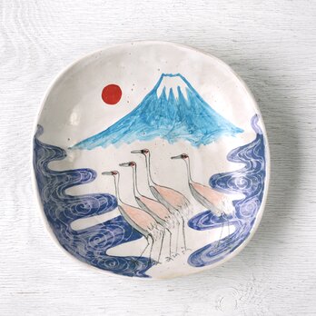 青富士と群鶴図・木版画調の色絵四角皿の画像