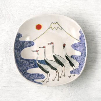 白富士と群鶴図・木版画調の色絵四角皿の画像