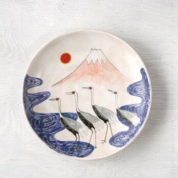 朝日の富士と群鶴図・木版画調の色絵皿（大皿）の画像