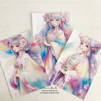 美しい 虹色の着物を着た女性の イラスト アート A ３枚 ハガキ ポストカード セット ♪の画像