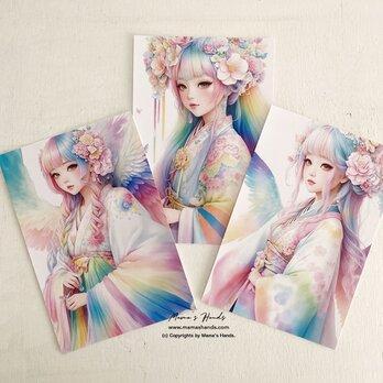 美しい 虹色の着物を着た女性の イラスト アート B ３枚 ハガキ ポストカード セット ♪の画像