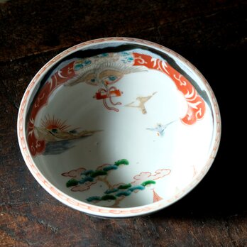 鶴と松◆伊万里　錦手六寸鉢　碗　骨董/antiques。赤絵　丁寧な暮らしに。明治時代の画像