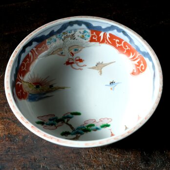 鶴と松◆伊万里　錦手七寸鉢　碗　骨董/antiques。赤絵　丁寧な暮らしに。明治時代の画像