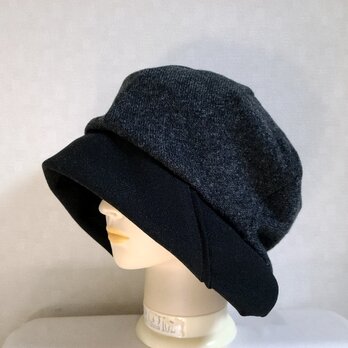魅せる帽子☆ふんわり軽い♪ウール100%ニットとウール混織り柄のクロッシュ～チャコールグレー&ブラックの画像