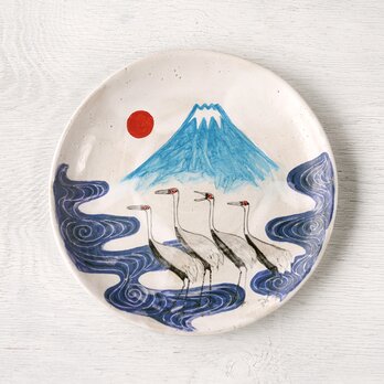 青富士と群鶴図・木版画調の色絵平皿の画像