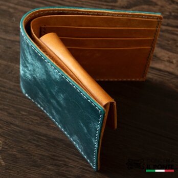 イタリアンレザーMAYA　手縫い二つ折り財布　ブルーキャメルの画像
