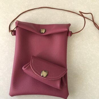 （特価）ミニショルダーバッグ　ミニ財布 2点セット　ピンク　リンゴの画像