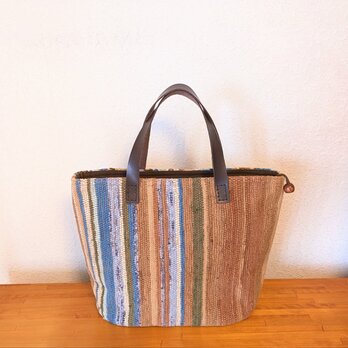 手織りトートバッグ2 (柿渋染裂き織り、綿)の画像