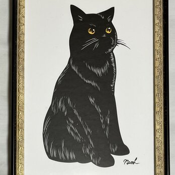 額装済み切り絵作品・黒猫2の画像