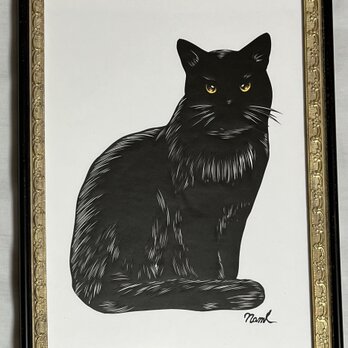 額装済み切り絵作品・黒猫3の画像