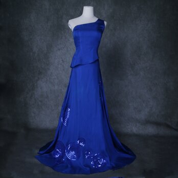 エレガント 着物ドレス ブルー ショルダー型 キラキラスパンコール ソフトマーメイドラインの画像