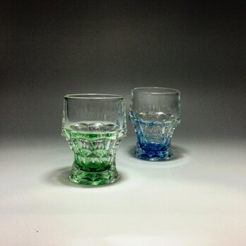 昭和レトロ　プレスガラスコップ　青・緑　二個組　yk0050の画像