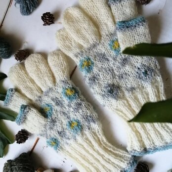 ベビーブルーの花の編み込み模様スマホ対応５本指手袋の画像