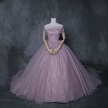 豪華！ウェディングドレス ピンク キラキラグリッターチュール 取り外しオフショルダー 結婚式の画像