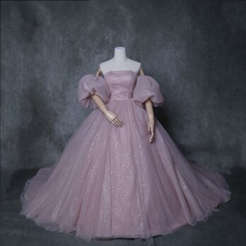 豪華！ウェディングドレス ピンク キラキラグリッターチュール パフスリーブ 結婚式の画像