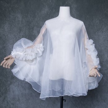 上品！トップス オフホワイト オーガンジー ラッフルフリル フリル袖 デザイン感 ウェディングドレスの画像