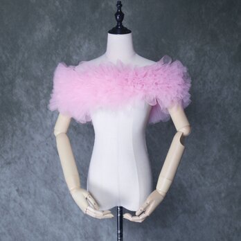 取り外しオフショルダー ピンク 編み上げ ソフトチュール 色直し 花嫁/ウェディングドレスの画像