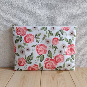 大きめ20cm　薔薇柄フラットポーチ　内ポケット　バラ　花柄　白　　324の画像
