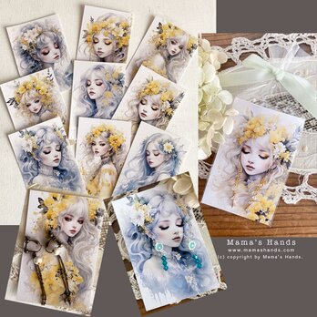 おしゃれな ミモザ 花 & 美しい女性 のイラスト アート 台紙 メッセージカード 9枚の画像