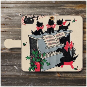 【クリスマスカード 犬の演奏 1930年代】スマホケース手帳型 名画 iPhoneSEの画像