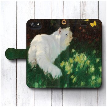 【ヘイヤー 白猫と蝶】スマホケース手帳型 名画 iPhone15Plus 14Plus 12Proの画像
