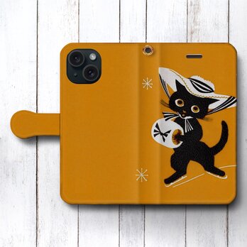 【ヴィンテージ 黒猫】スマホケース手帳型 名画 iPhone12 iPhoneSE第三世代の画像