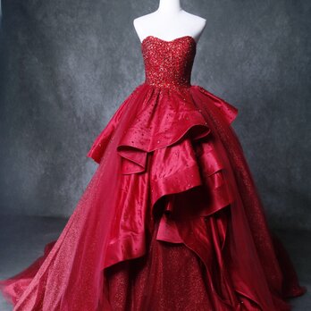 豪華！赤 ウエディングドレス ベアトップ キラキラのハンドビーディング デザイン感 ラメドレス 結婚式/披露宴の画像